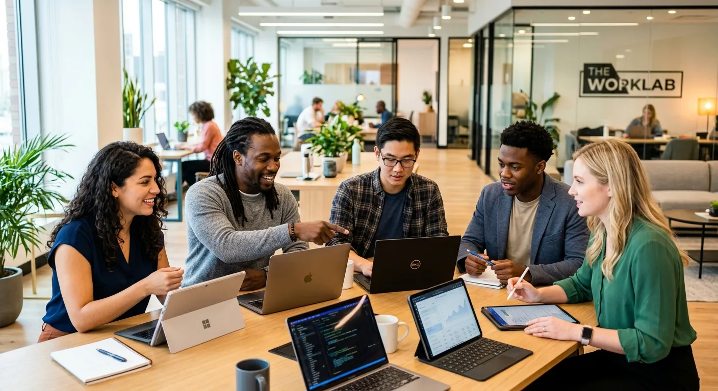 A dynamic, professional photo of a diverse group of temporary workers in a modern office setting, collaborating with tablets and laptops. Style: Bright, energetic, and focused. Mood: Productive, agile, and forward-thinking.