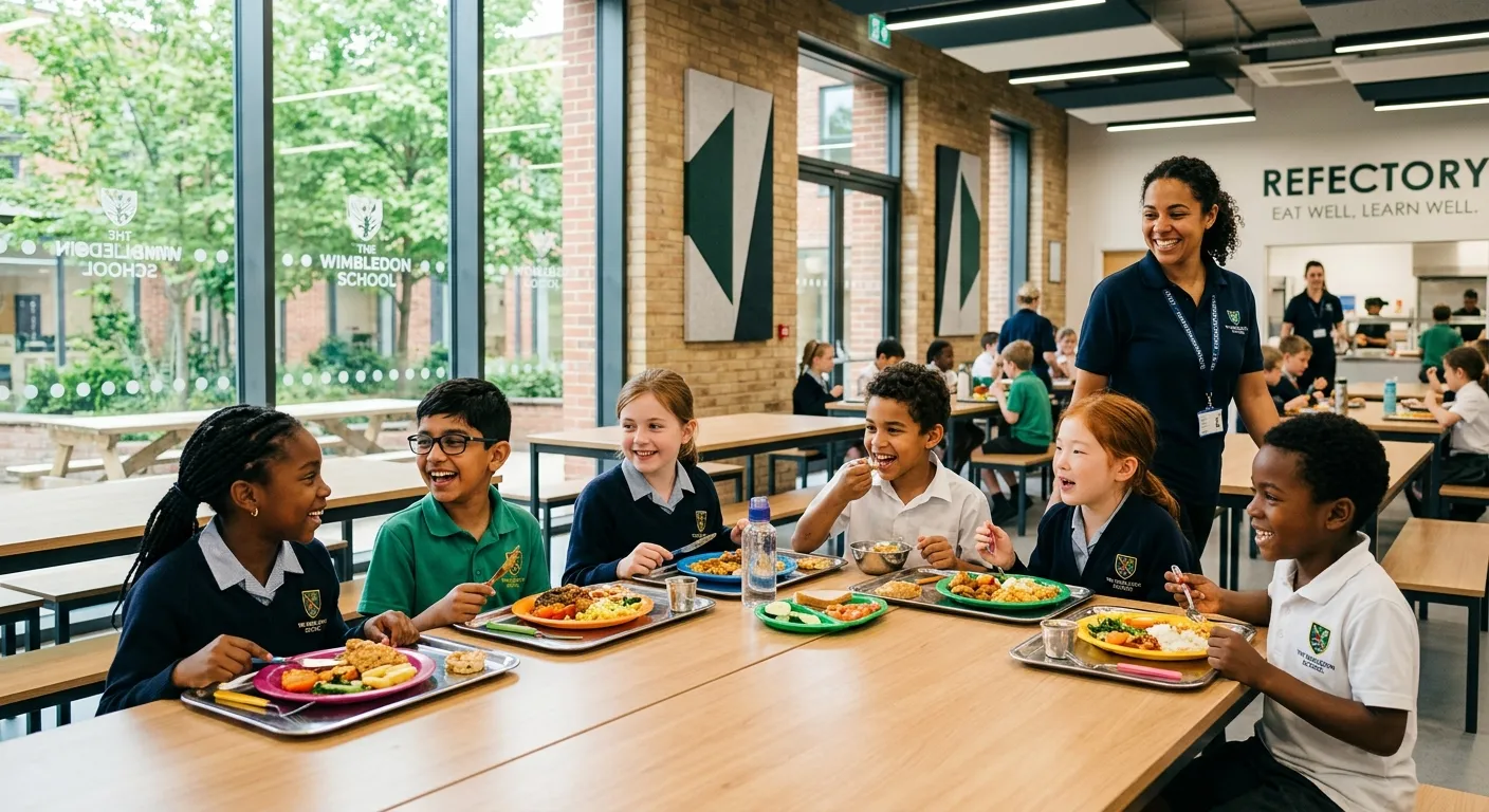 A professional, welcoming photo of a diverse group of children enjoying lunch in a bright, modern school dining hall in Wimbledon, with a friendly supervisor in the background. Style: Warm, authentic, and professional.