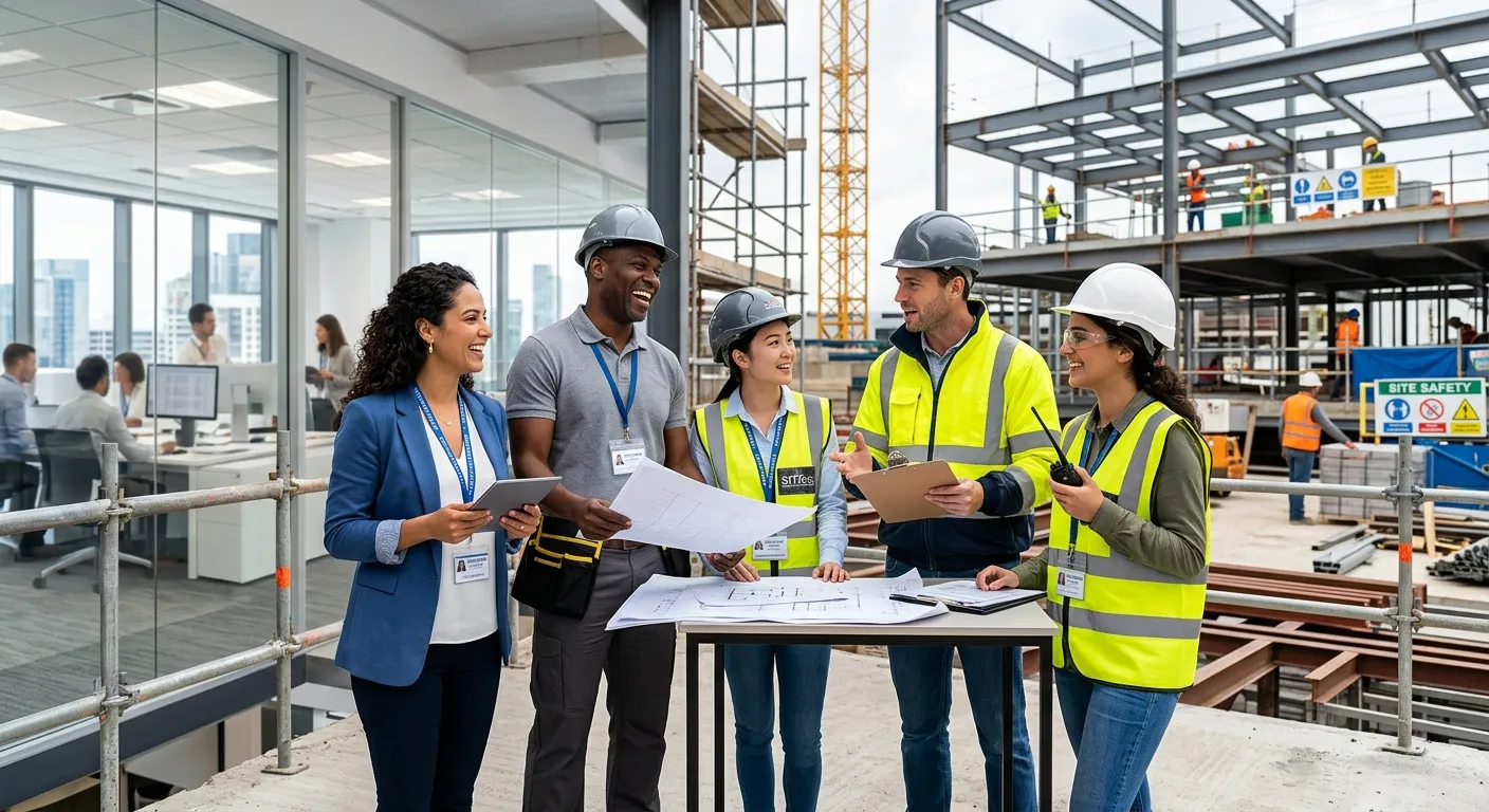 A diverse group of professional temporary workers in a modern office and construction site setting,... A diverse group of professional temporary workers in a modern office and construction site setting, looking confident and engaged. Style: Professional, bright, high-energy. Mood: Dynamic, reliable, and efficient.