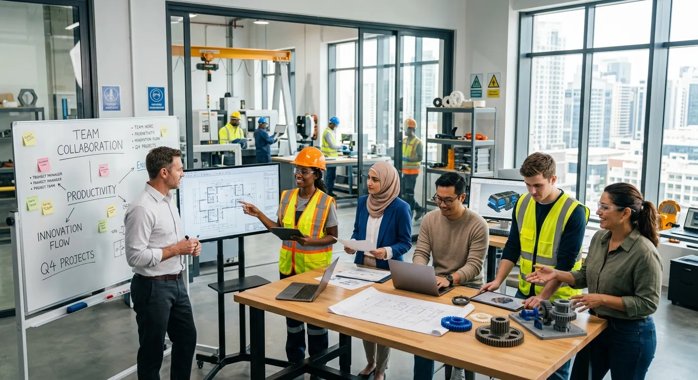 A professional, diverse team of office and industrial workers collaborating in a bright, modern work... A professional, diverse team of office and industrial workers collaborating in a bright, modern workspace. Focus on teamwork and productivity, with a clean, optimistic corporate style.