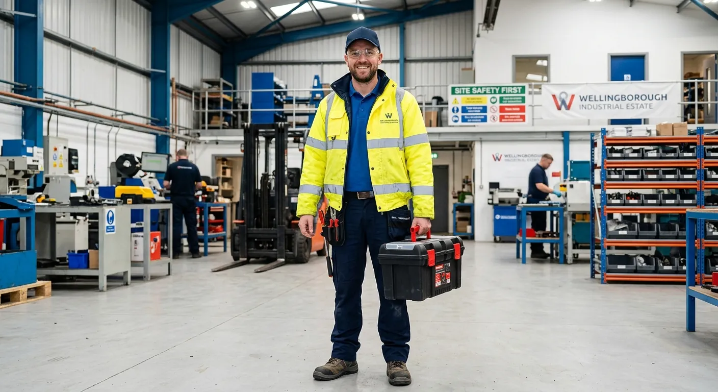 A professional, friendly Maintenance Operative in high-visibility clothing, smiling and holding a to... A professional, friendly Maintenance Operative in high-visibility clothing, smiling and holding a toolkit, standing in a well-maintained industrial or commercial facility in Wellingborough. The image should convey reliability, skill, and a positive work environment.