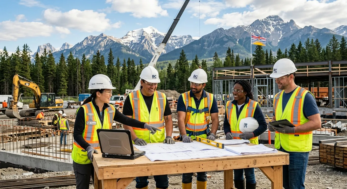 A professional, diverse team of workers collaborating on a modern construction site in British Colum... A professional, diverse team of workers collaborating on a modern construction site in British Columbia, with mountains in the background. The image should convey reliability, skill, and teamwork. Style: professional stock photo, bright and optimistic mood.