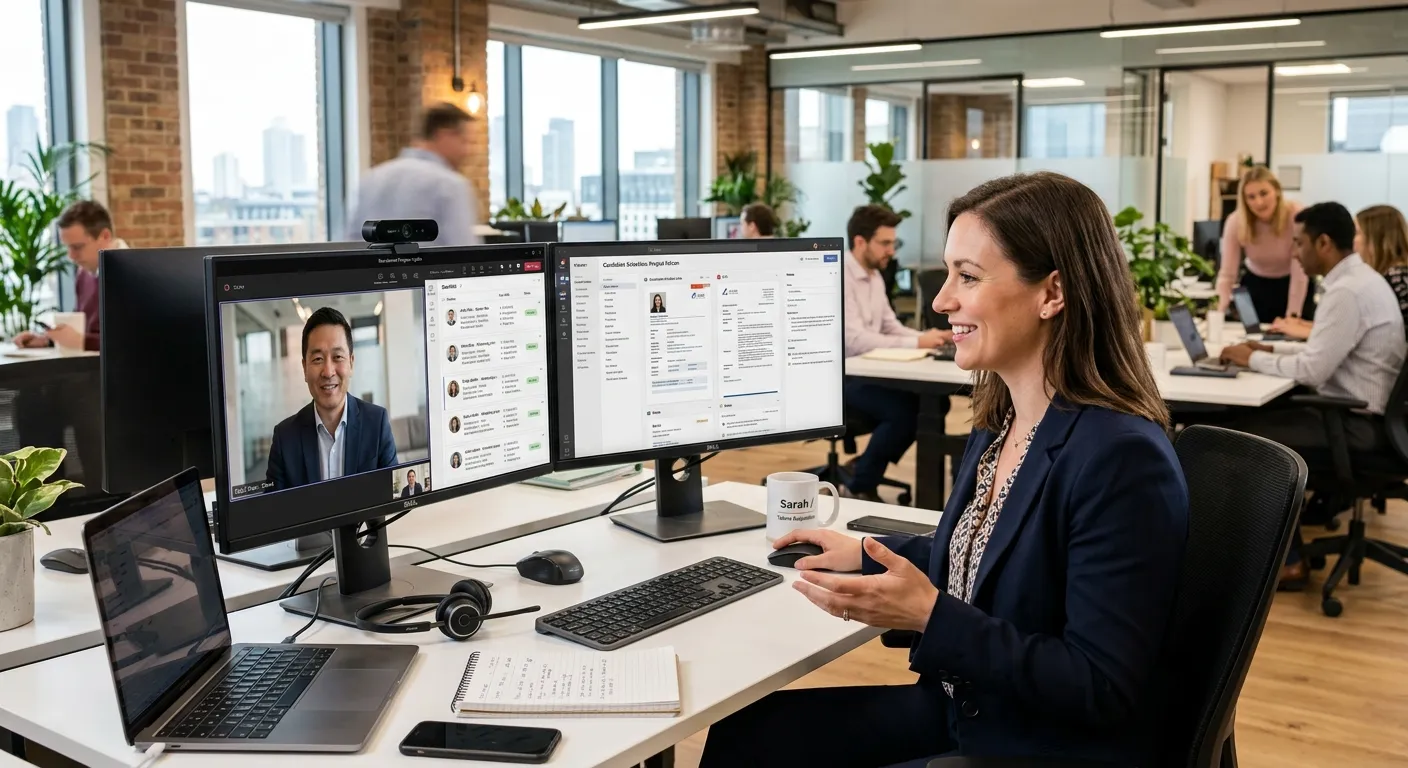 A modern, dynamic office environment where a recruitment consultant is reviewing candidate profiles on a dual-screen monitor with a client on video call. Style: Professional, high-energy, with a focus on technology and human connection. Mood: Efficient, collaborative, and forward-thinking.
