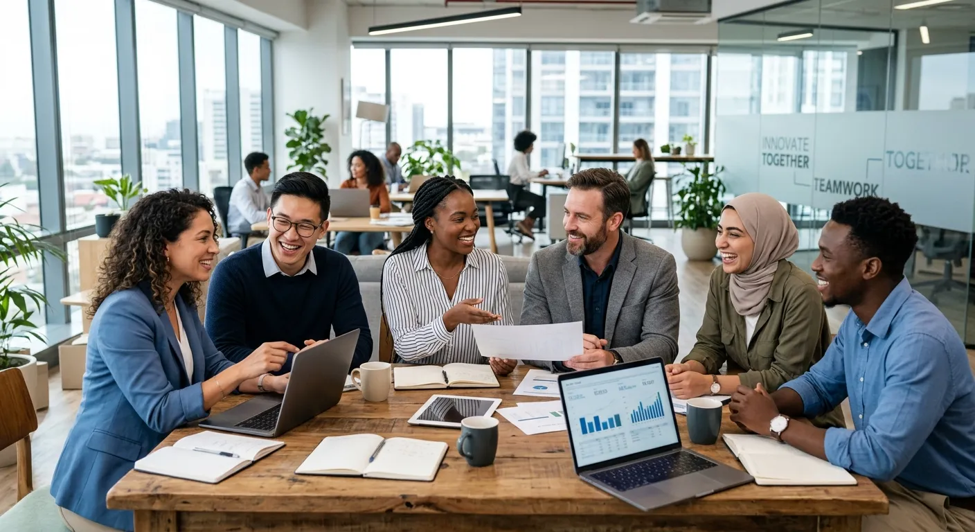 A diverse group of professional employees in a modern office, collaborating and smiling, representin... A diverse group of professional employees in a modern office, collaborating and smiling, representing a cohesive permanent team. Bright, professional, and aspirational mood.