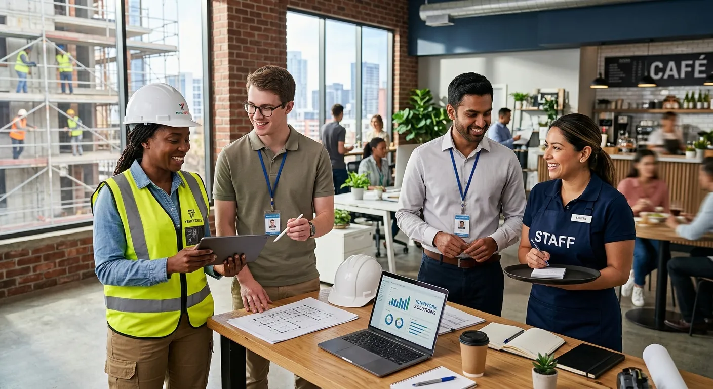 A dynamic, professional hero image showing a diverse group of temporary workers in various settings - construction, office, hospitality - smiling and collaborating. The mood is energetic, modern, and productive. High-resolution, professional photography style.