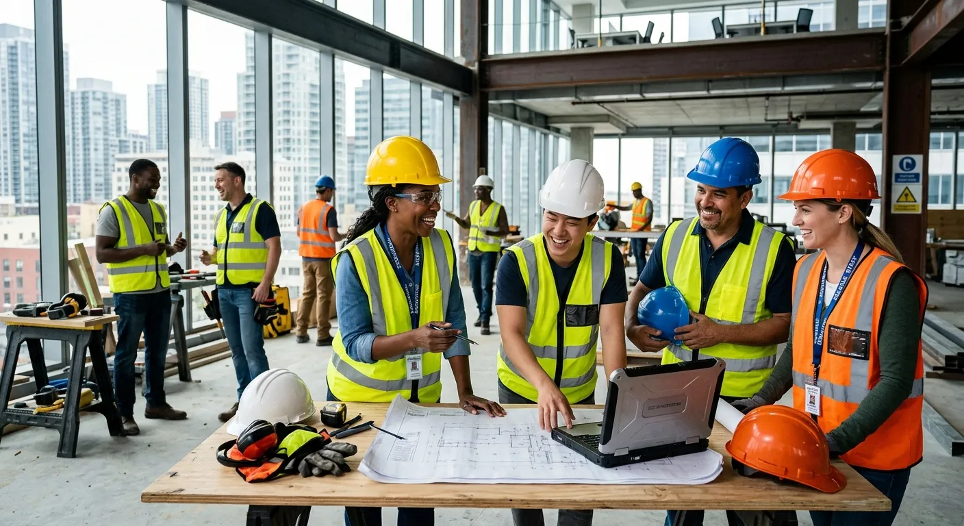 A dynamic, professional photo of a diverse group of temporary workers in a modern office or construction site, collaborating and smiling. The image should convey energy, reliability, and teamwork.