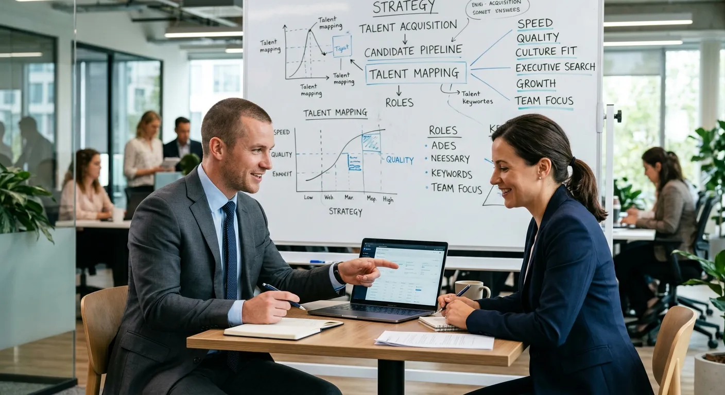 A modern, dynamic office scene where a professional recruiter in a sharp suit is discussing strategy... A modern, dynamic office scene where a professional recruiter in a sharp suit is discussing strategy with a client over a laptop, with a whiteboard filled with talent mapping and keywords like