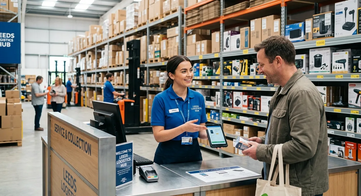 A professional, friendly shop assistant in a modern retail warehouse environment at Leeds Logistics... A professional, friendly shop assistant in a modern retail warehouse environment at Leeds Logistics Hub, interacting with a customer, wearing a uniform, with shelves of goods in the background. Bright, welcoming, and professional mood.