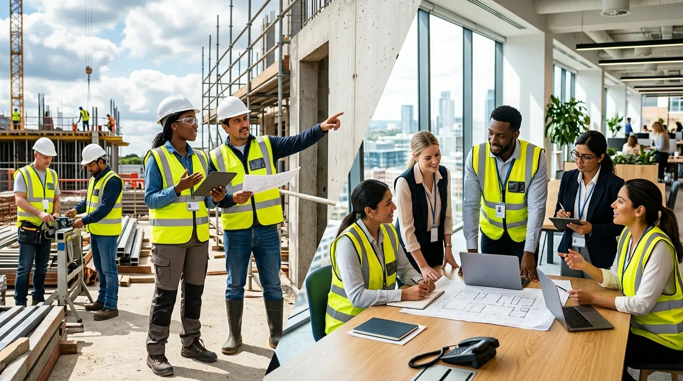 A dynamic, high-contrast hero image showing a diverse group of temporary workers in high-visibility vests and professional attire collaborating on a modern construction site and in a bright office setting, symbolizing flexibility and immediate impact.