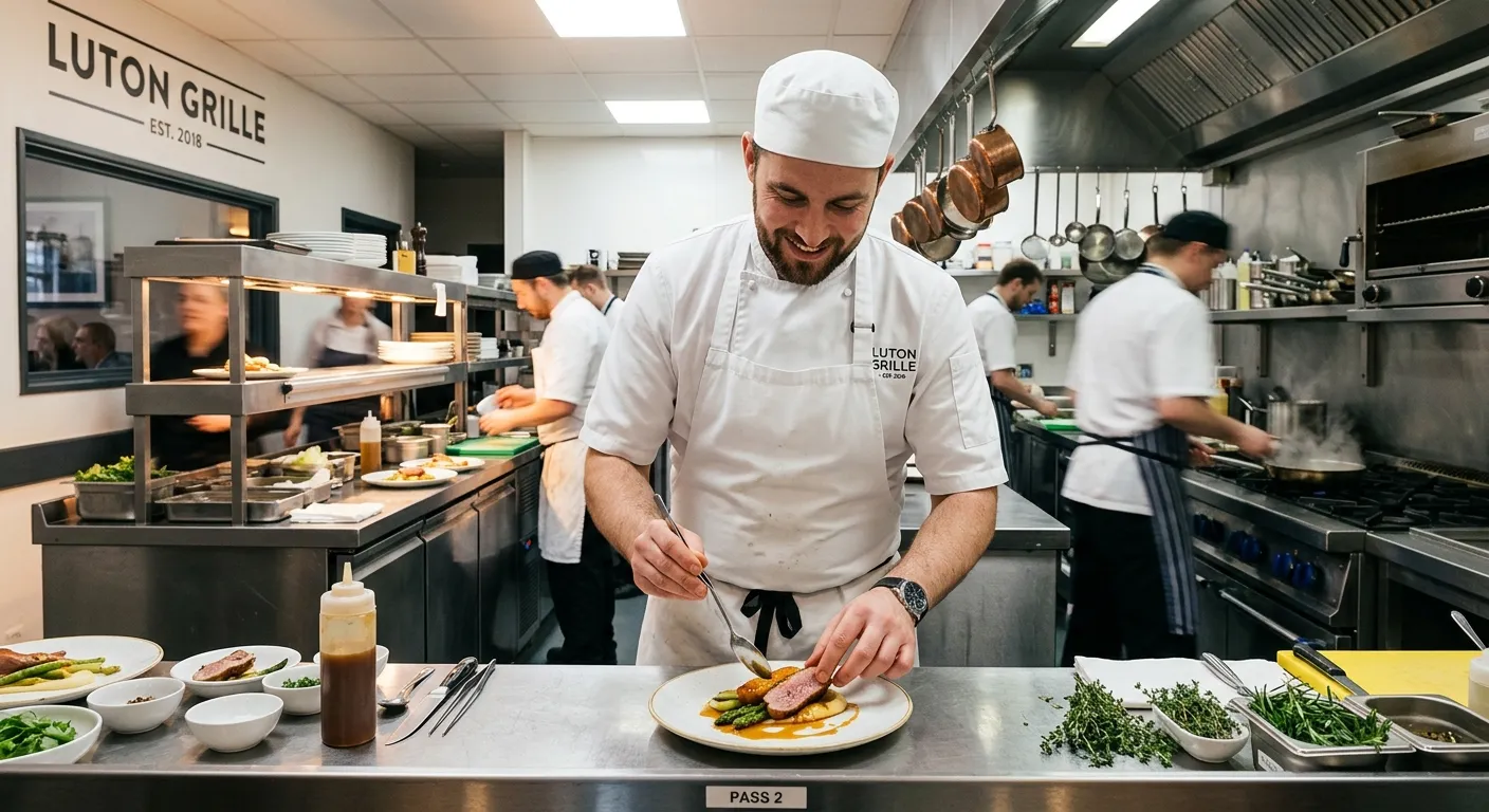 A professional, well-lit kitchen in a Luton restaurant or hotel, featuring a Cook in crisp whites co... A professional, well-lit kitchen in a Luton restaurant or hotel, featuring a Cook in crisp whites confidently plating a dish, conveying a sense of skill, hygiene, and a busy, rewarding work environment.