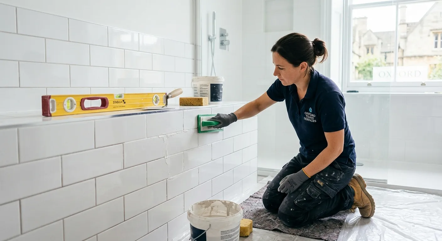 A professional tiler in Oxford, expertly applying grout to a clean, modern bathroom wall. The image... A professional tiler in Oxford, expertly applying grout to a clean, modern bathroom wall. The image should show quality workmanship, tools like a trowel and spirit level, and have a bright, clean, and professional mood.