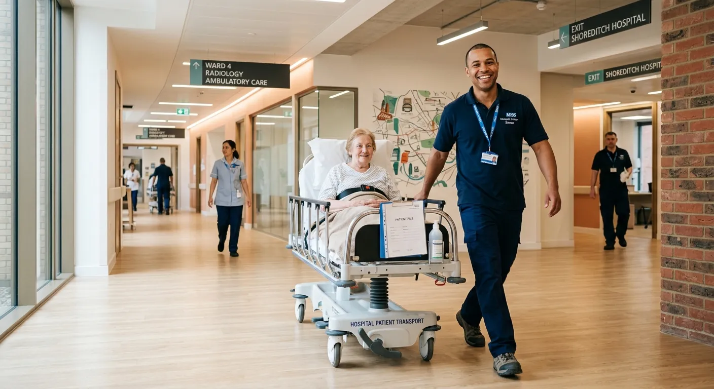 A professional, welcoming image of a Hospital Porter in a modern, clean hospital corridor in Shoreditch, smiling and pushing a patient transport trolley. The style should be bright, positive, and convey trust and efficiency.