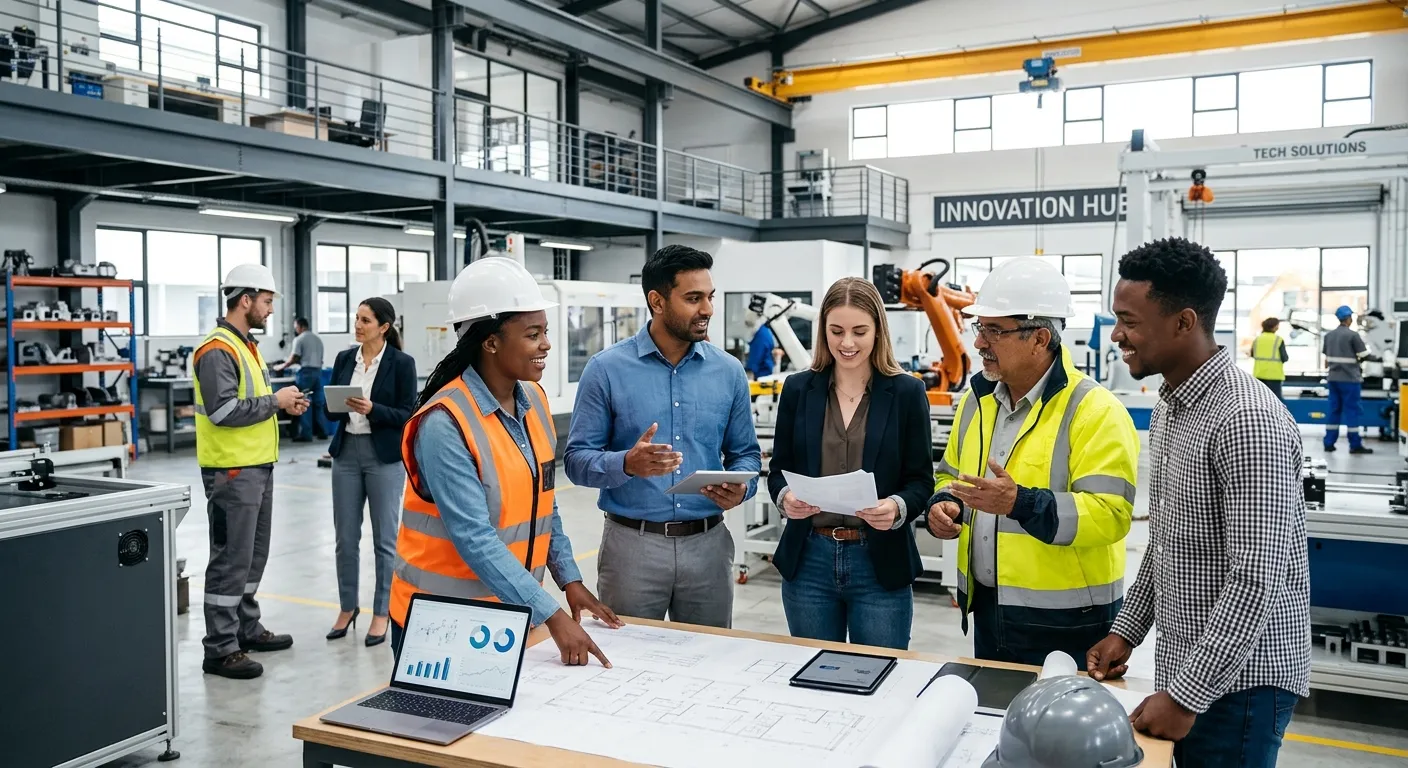 A professional, diverse group of workers in a modern industrial setting, some in hi-vis vests, other... A professional, diverse group of workers in a modern industrial setting, some in hi-vis vests, others in office attire, collaborating. Style: Bright, optimistic, with a focus on teamwork and dynamic movement. Mood: Professional, forward-thinking, and solution-oriented.