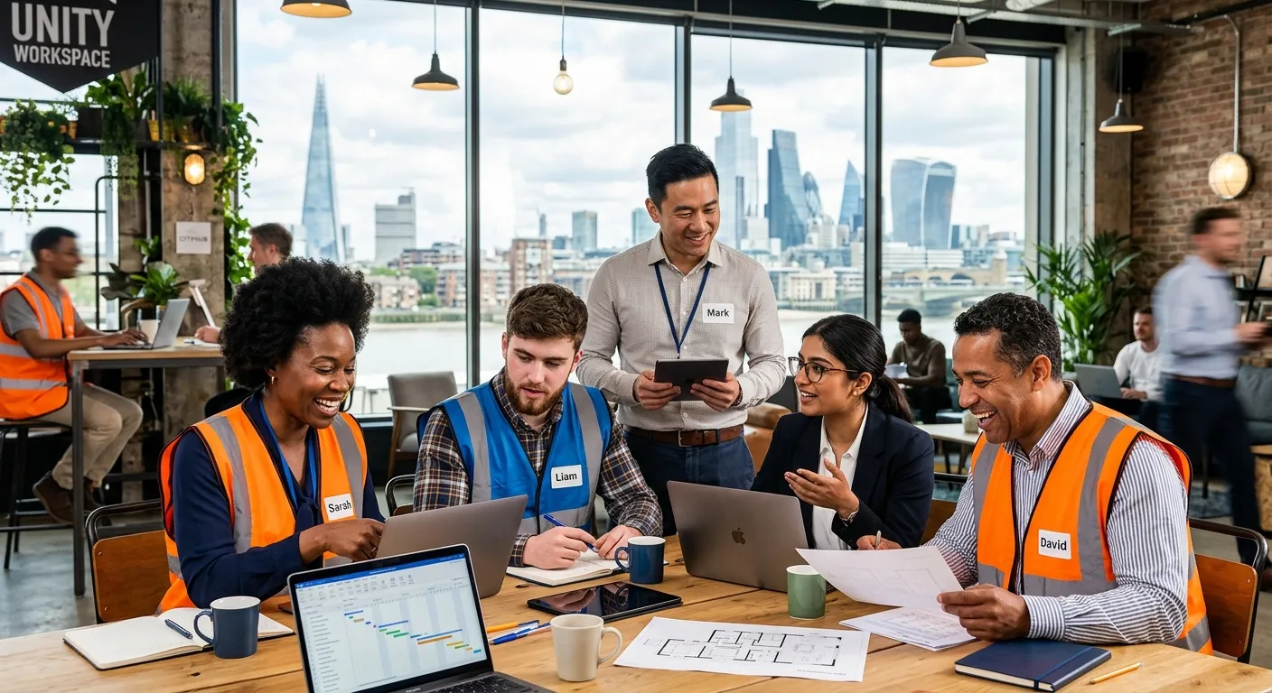 A dynamic, professional hero image showing a diverse group of temporary workers in high-visibility vests and office attire collaborating in a modern London co-working space, with iconic London skyline blurred in the background. Style: Professional, vibrant, and energetic.