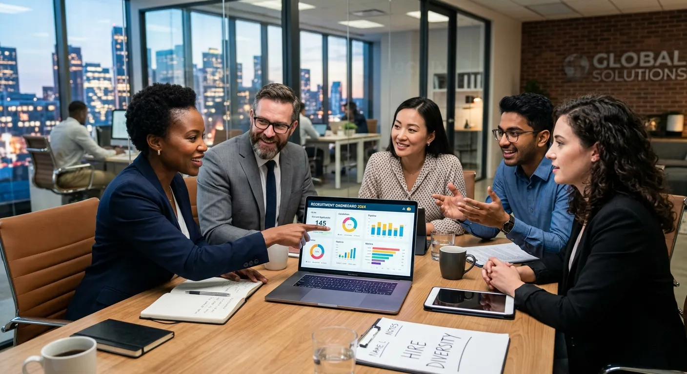A professional, high-contrast image of a diverse team of professionals in a modern office, collabora... A professional, high-contrast image of a diverse team of professionals in a modern office, collaborating around a table. One person is pointing to a laptop screen showing a recruitment dashboard. Style: Corporate, sharp, and aspirational. Mood: Confident, successful, and dynamic.