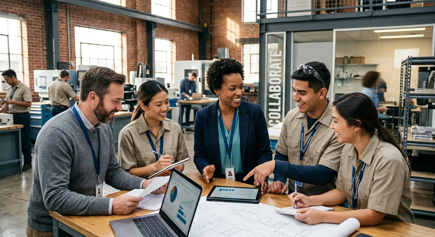 A dynamic, professional hero image showing a diverse group of temporary workers and managers collabo... A dynamic, professional hero image showing a diverse group of temporary workers and managers collaborating in a modern industrial or office setting. Focus on energy, flexibility, and teamwork. Style: High-quality, authentic stock photo with warm, professional lighting.