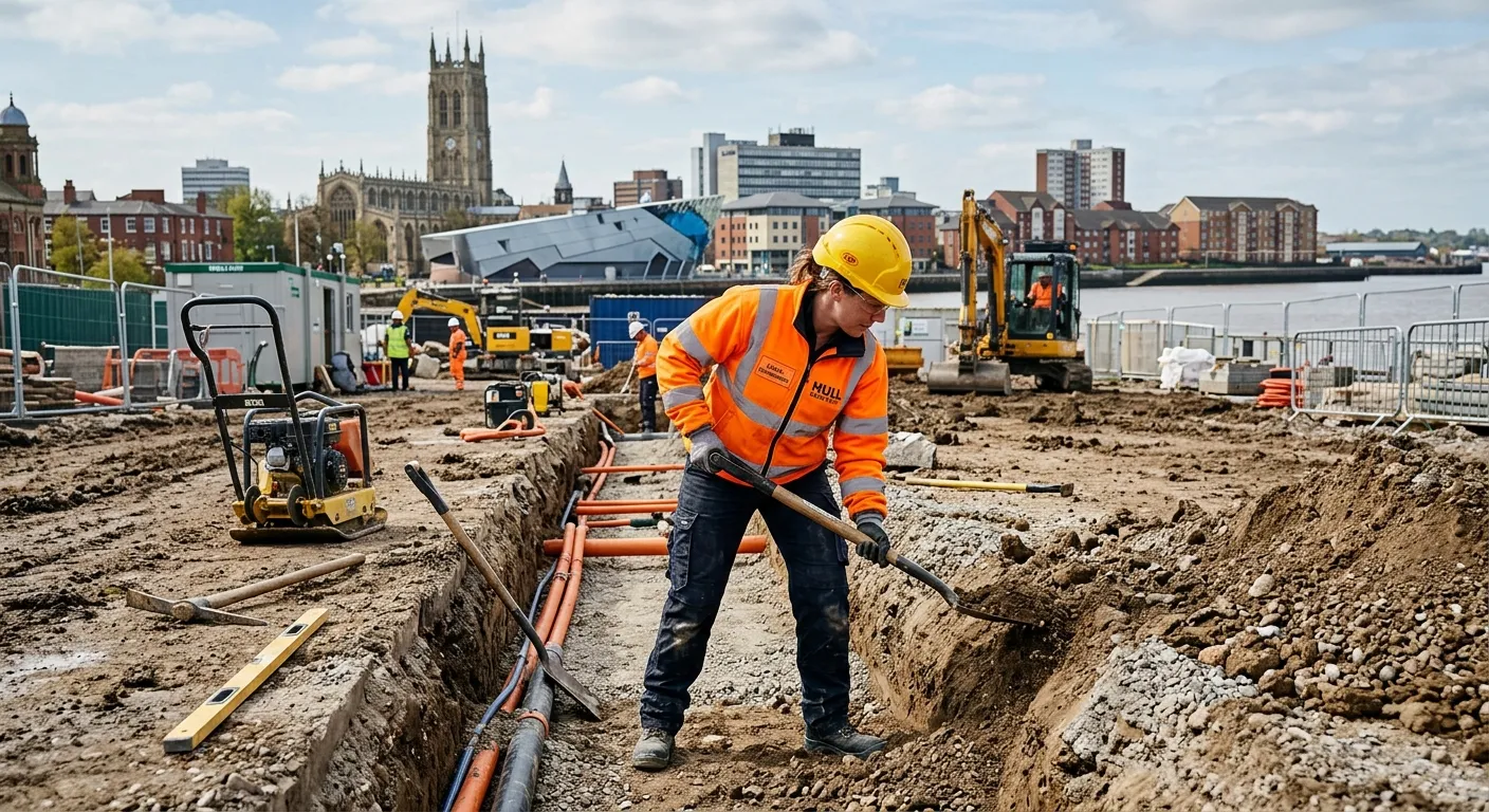 A professional, high-resolution photo of a groundworker in action on a construction site in Hull, we... A professional, high-resolution photo of a groundworker in action on a construction site in Hull, wearing full PPE including a hard hat, hi-vis jacket, and safety boots. The worker is preparing a trench for services. The image conveys professionalism, skill, and industriousness against a backdrop of the Hull cityscape.