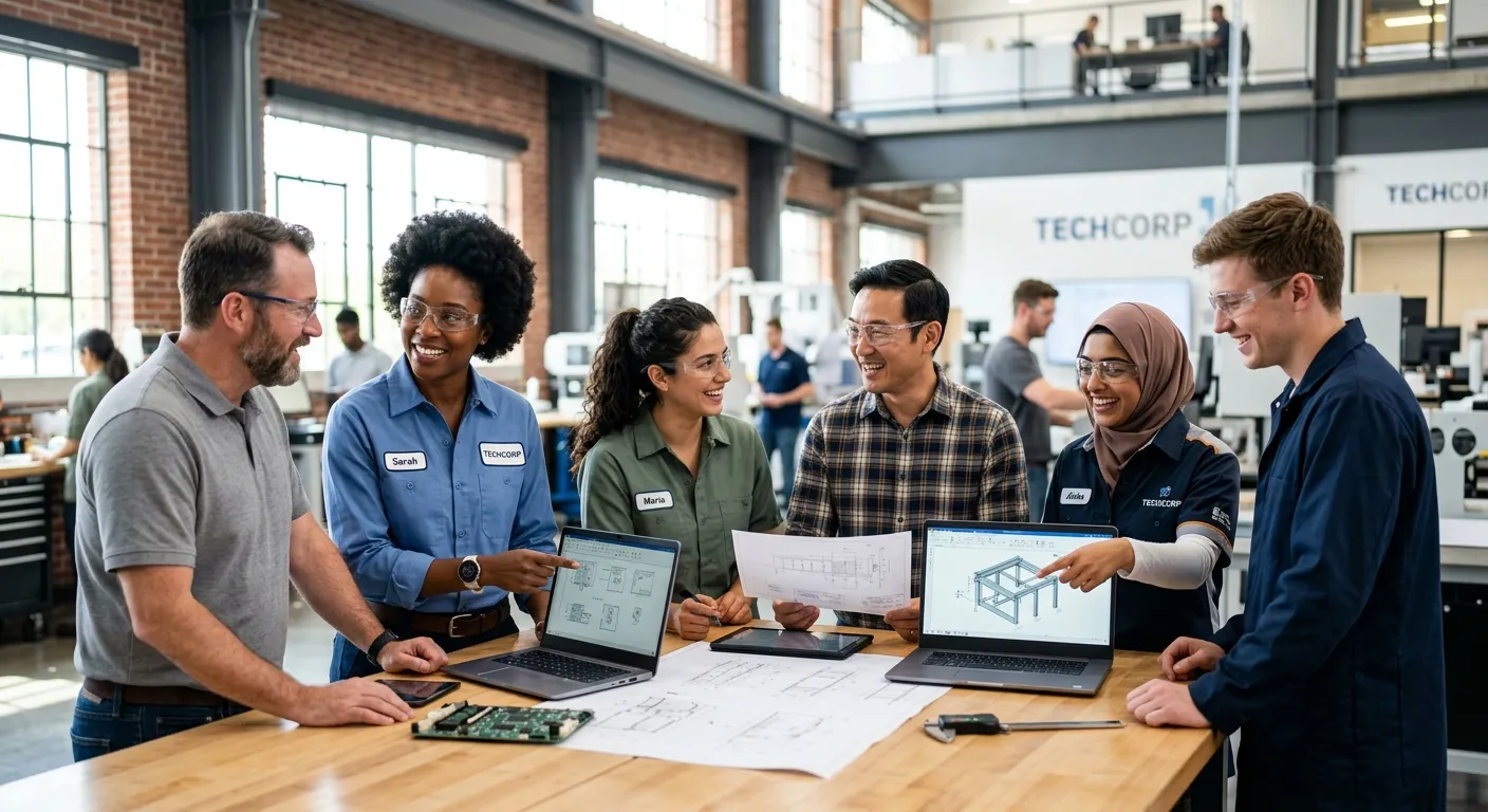 A professional, high-resolution image of a diverse team of skilled workers in a modern industrial or... A professional, high-resolution image of a diverse team of skilled workers in a modern industrial or office setting, collaborating and smiling. The style should be bright, optimistic, and forward-looking, with a focus on human connection and professional achievement.
