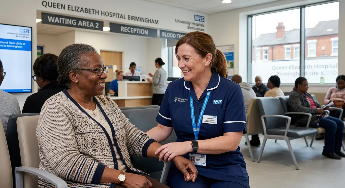 A professional, warm image of a healthcare support worker in a clinical setting in Birmingham, assis... A professional, warm image of a healthcare support worker in a clinical setting in Birmingham, assisting a patient with a smile. The mood is compassionate, competent, and trustworthy.