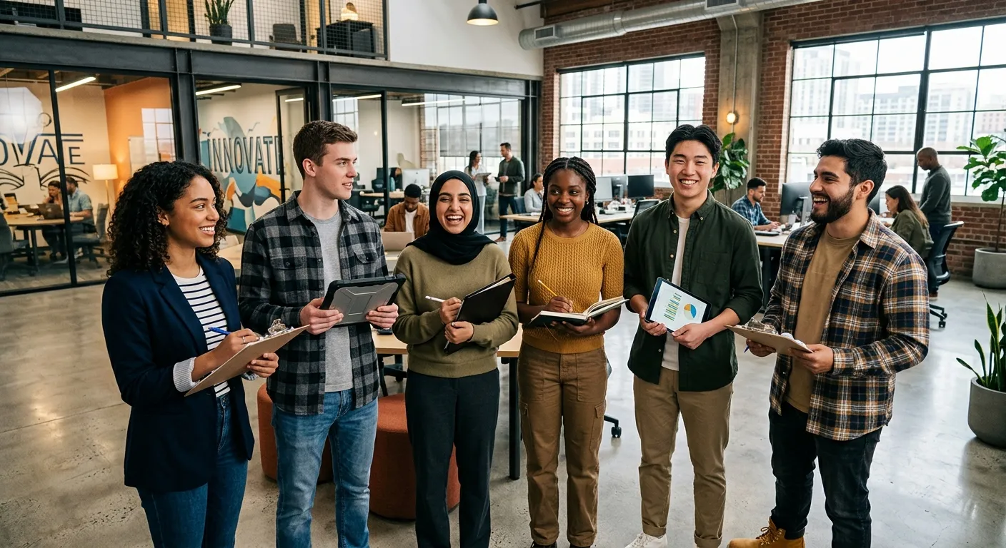 A diverse group of enthusiastic young adults, aged around 17-19, dressed in smart-casual and workwea... A diverse group of enthusiastic young adults, aged around 17-19, dressed in smart-casual and workwear, smiling and looking confident. They are in a modern office/industrial hybrid space, holding tablets or clipboards, symbolizing entry into the workforce. Style is bright, optimistic, and professional.