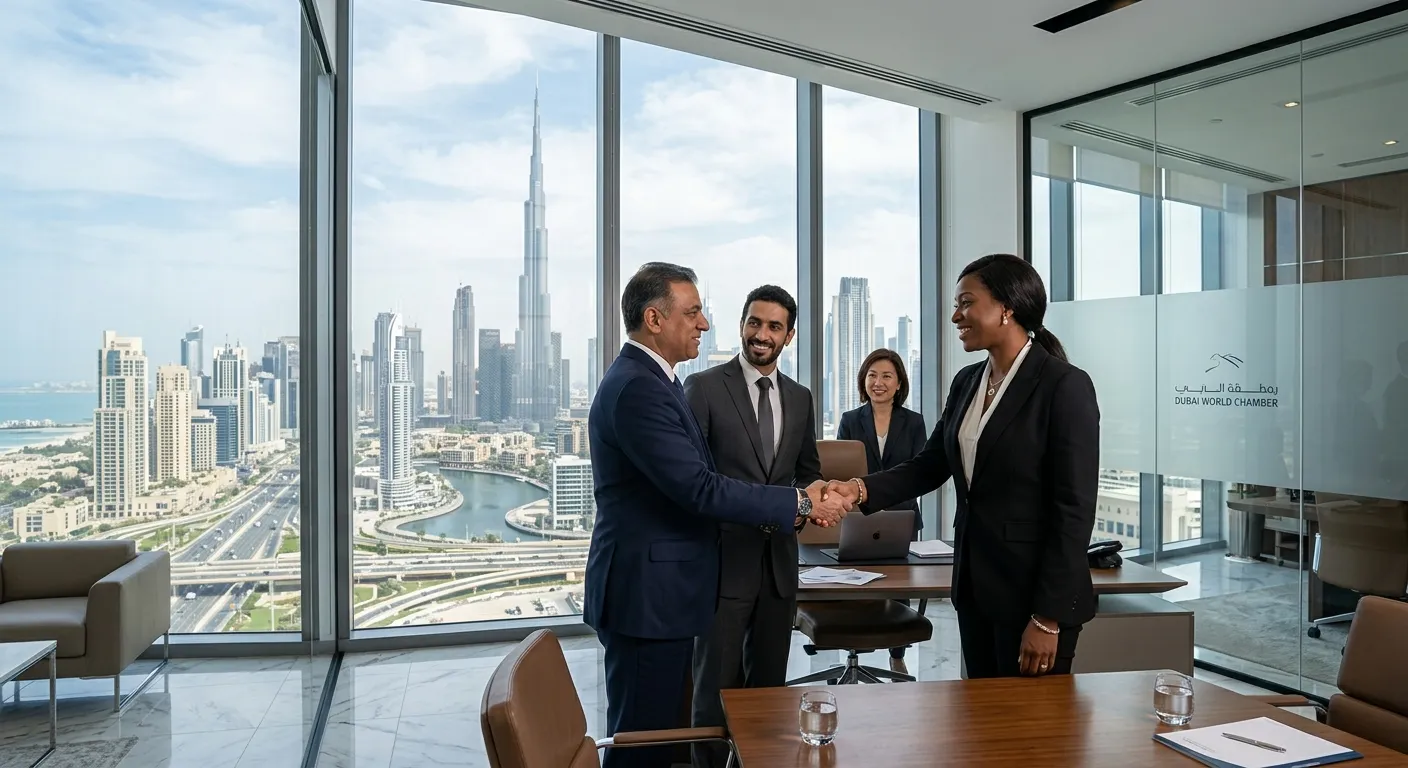 A professional, high-resolution image of the Dubai skyline (Burj Khalifa, Marina) during the day, with a diverse group of successful business professionals shaking hands in a modern office foreground. Style: Corporate, aspirational, high-contrast. Mood: Trustworthy, successful, and forward-thinking.