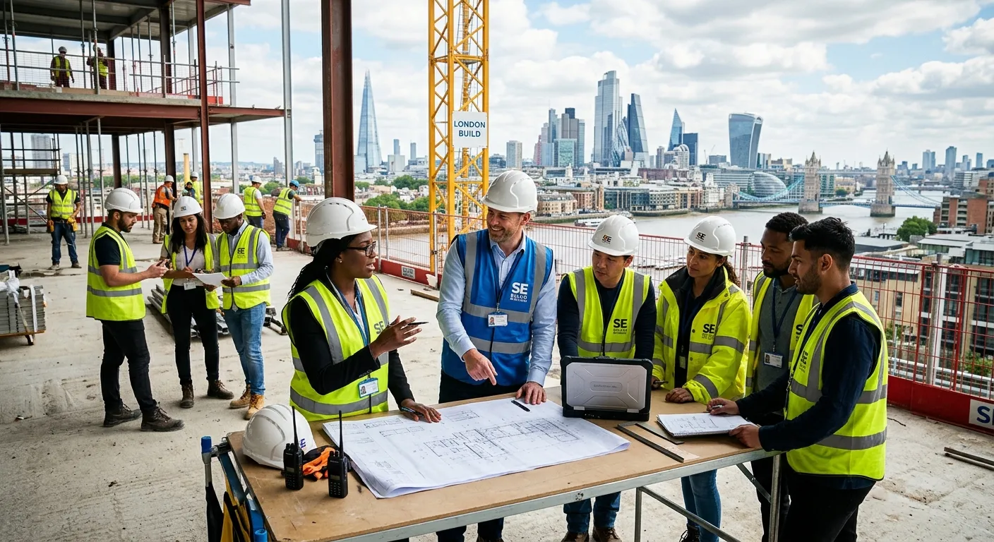 A dynamic, professional photo of a diverse construction and office team collaborating on a modern bu... A dynamic, professional photo of a diverse construction and office team collaborating on a modern building site in South East England, with London skyline in the background. Style: Vibrant, high-contrast, action-oriented.