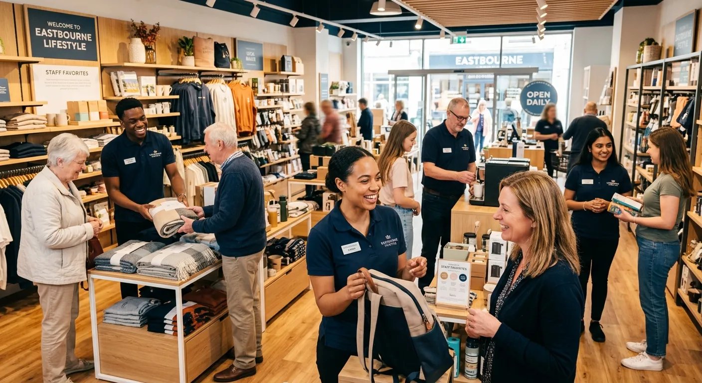 A diverse team of friendly Sales Assistants in a bright, modern retail environment in Eastbourne, interacting with customers and showcasing products, conveying a professional and welcoming atmosphere.