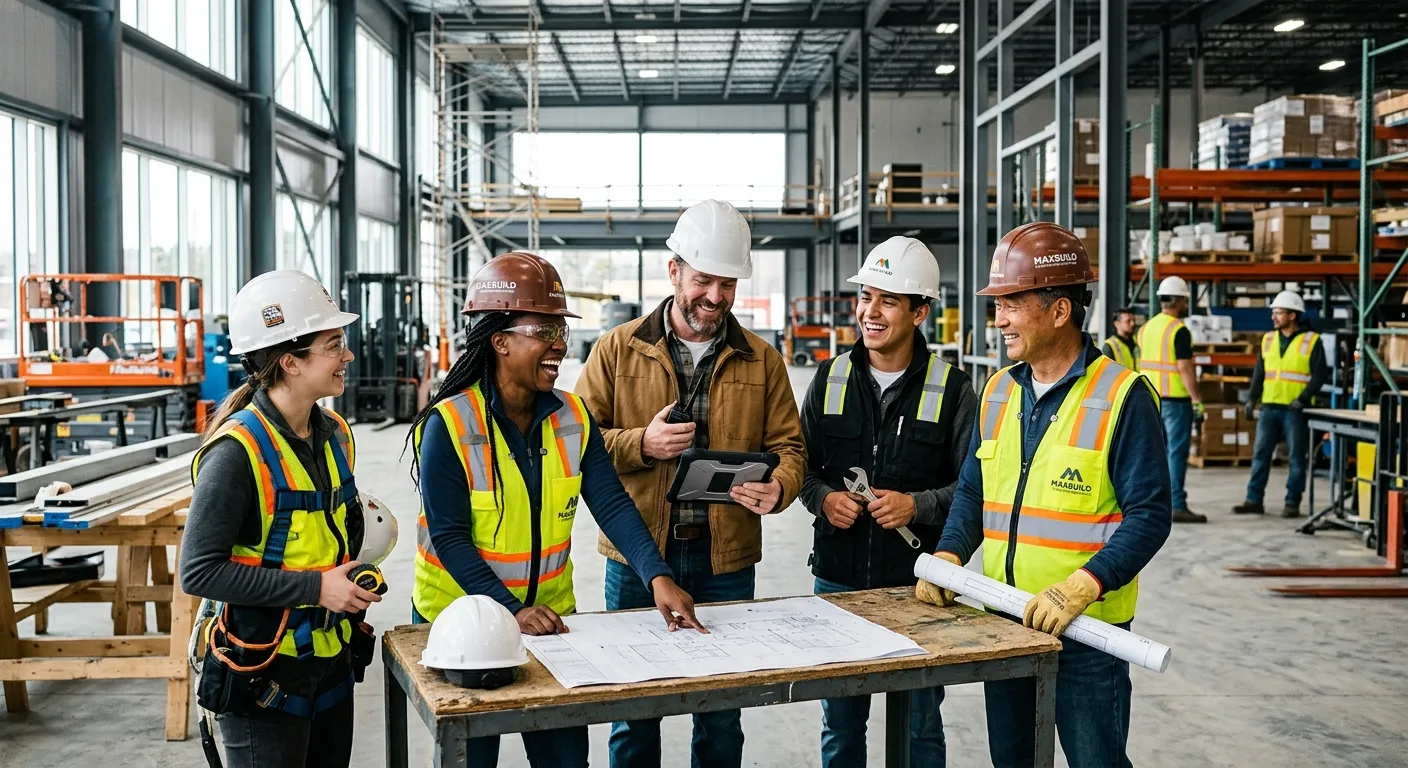 A professional, high-contrast hero image showing a diverse team of skilled workers in a modern warehouse or construction site, collaborating and smiling. Focus on energy and professionalism. Style: Realistic, vibrant, with a focus on people.