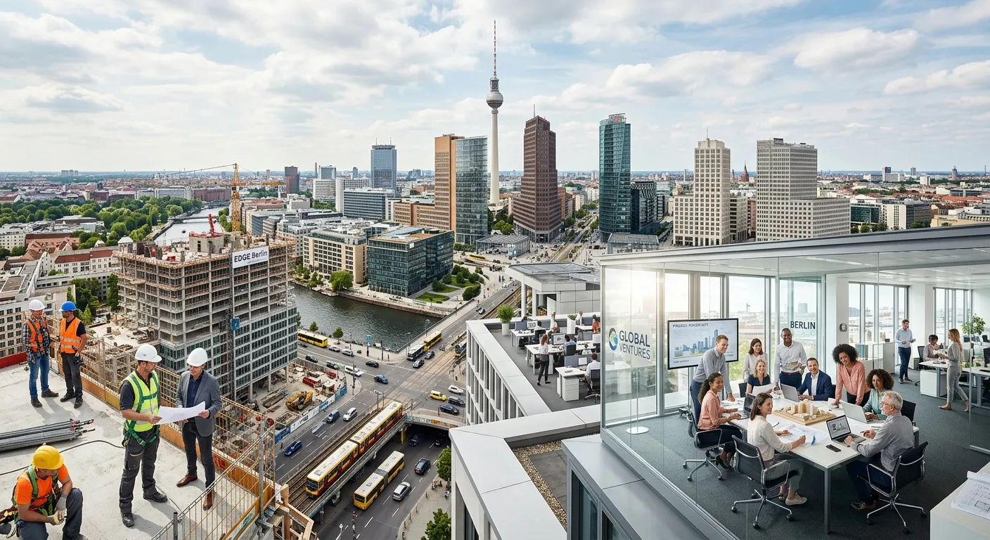 A dynamic, high-angle panoramic shot of Berlin's modern skyline, including the TV Tower and Potsdame... A dynamic, high-angle panoramic shot of Berlin's modern skyline, including the TV Tower and Potsdamer Platz, blending with a bustling, diverse workplace scene featuring professionals collaborating in a bright office and on a construction site. Mood: Energetic, professional, and forward-thinking.
