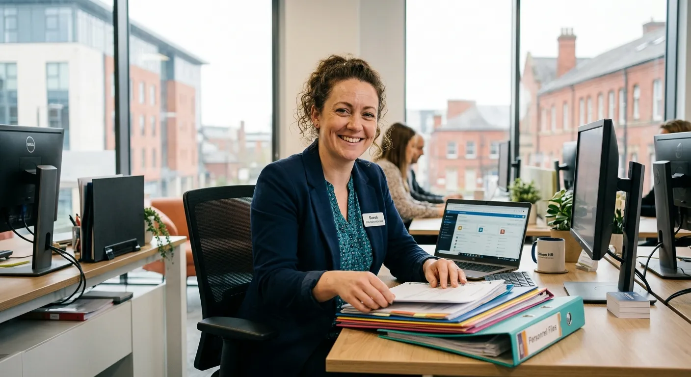 A professional, friendly-looking HR administrator working at a modern office desk in Oldham, organis... A professional, friendly-looking HR administrator working at a modern office desk in Oldham, organising files and smiling at the camera. The style is bright, welcoming, and conveys efficiency.