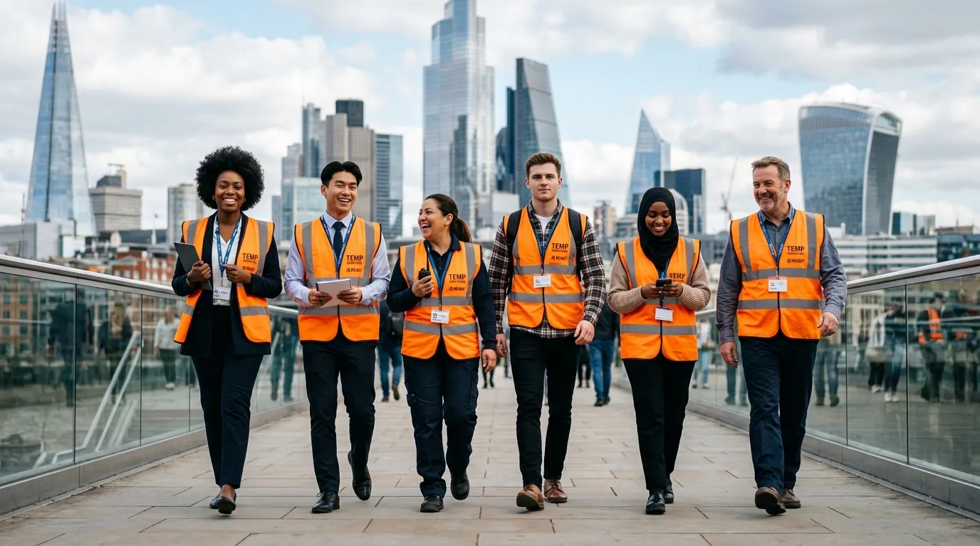 Dynamic, professional hero image showcasing a diverse group of temporary workers in high-vis vests a... Dynamic, professional hero image showcasing a diverse group of temporary workers in high-vis vests and professional attire against a blurred London skyline (Shard, Gherkin), conveying energy, diversity, and immediate readiness.
