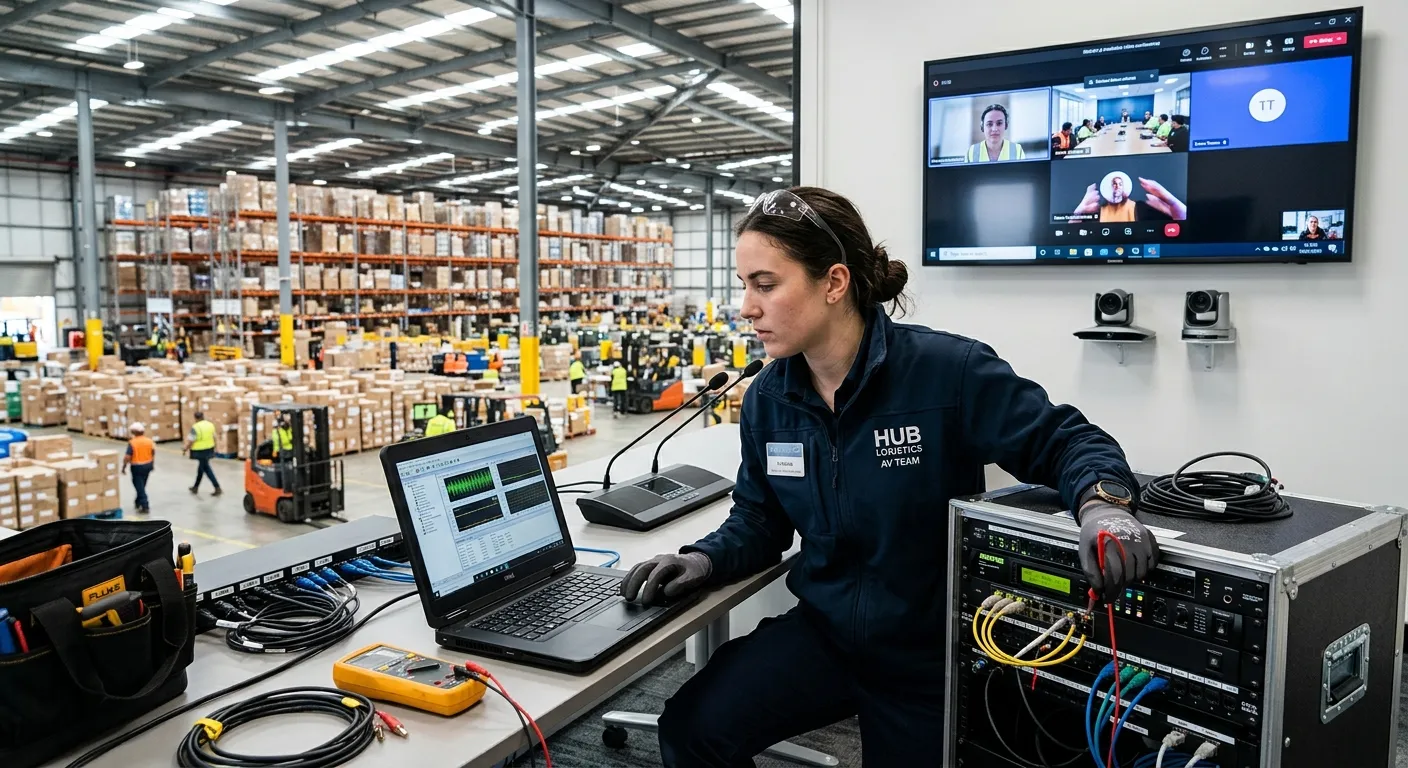 A professional, focused CV/AV Technician at work in a modern logistics hub environment, setting up v... A professional, focused CV/AV Technician at work in a modern logistics hub environment, setting up video conferencing equipment or testing audio systems. The mood is skilled, technical, and efficient.