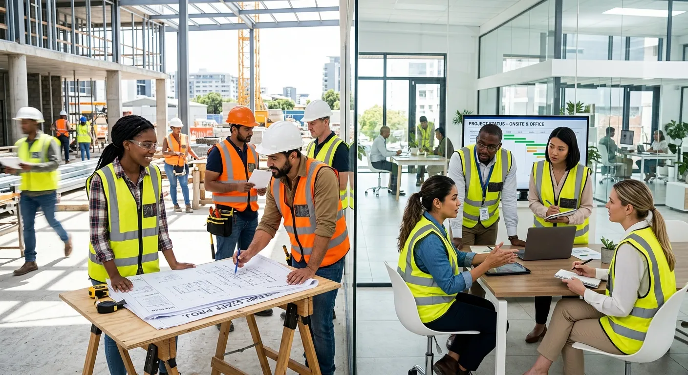 A dynamic, professional photo of a diverse group of temporary workers in high-visibility vests and professional attire, collaborating on a modern construction site and in a bright office environment. Style is authentic, energetic, and focused on teamwork.