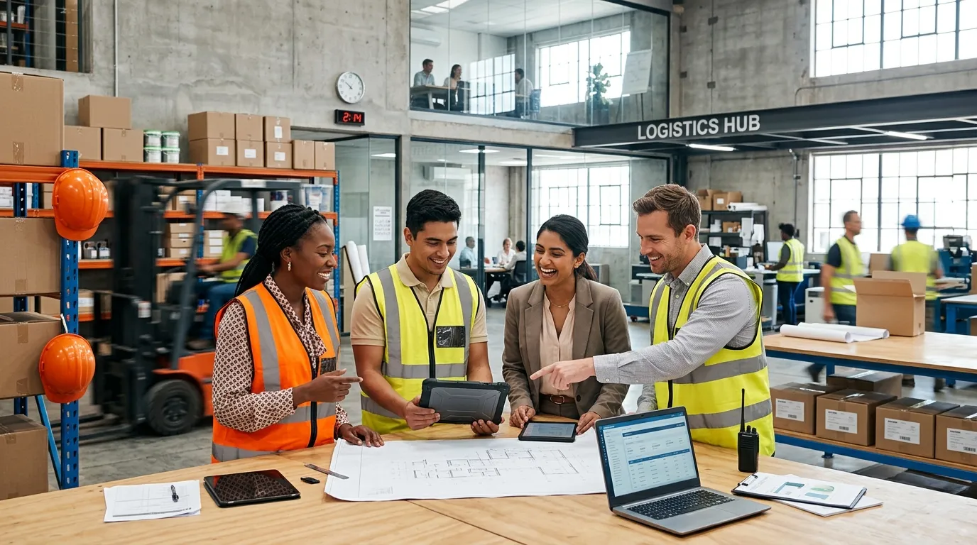 A dynamic, professional hero image showing a diverse group of temporary workers in high-visibility vests and office attire collaborating in a modern warehouse-office hybrid space. The mood is energetic, productive, and forward-looking.