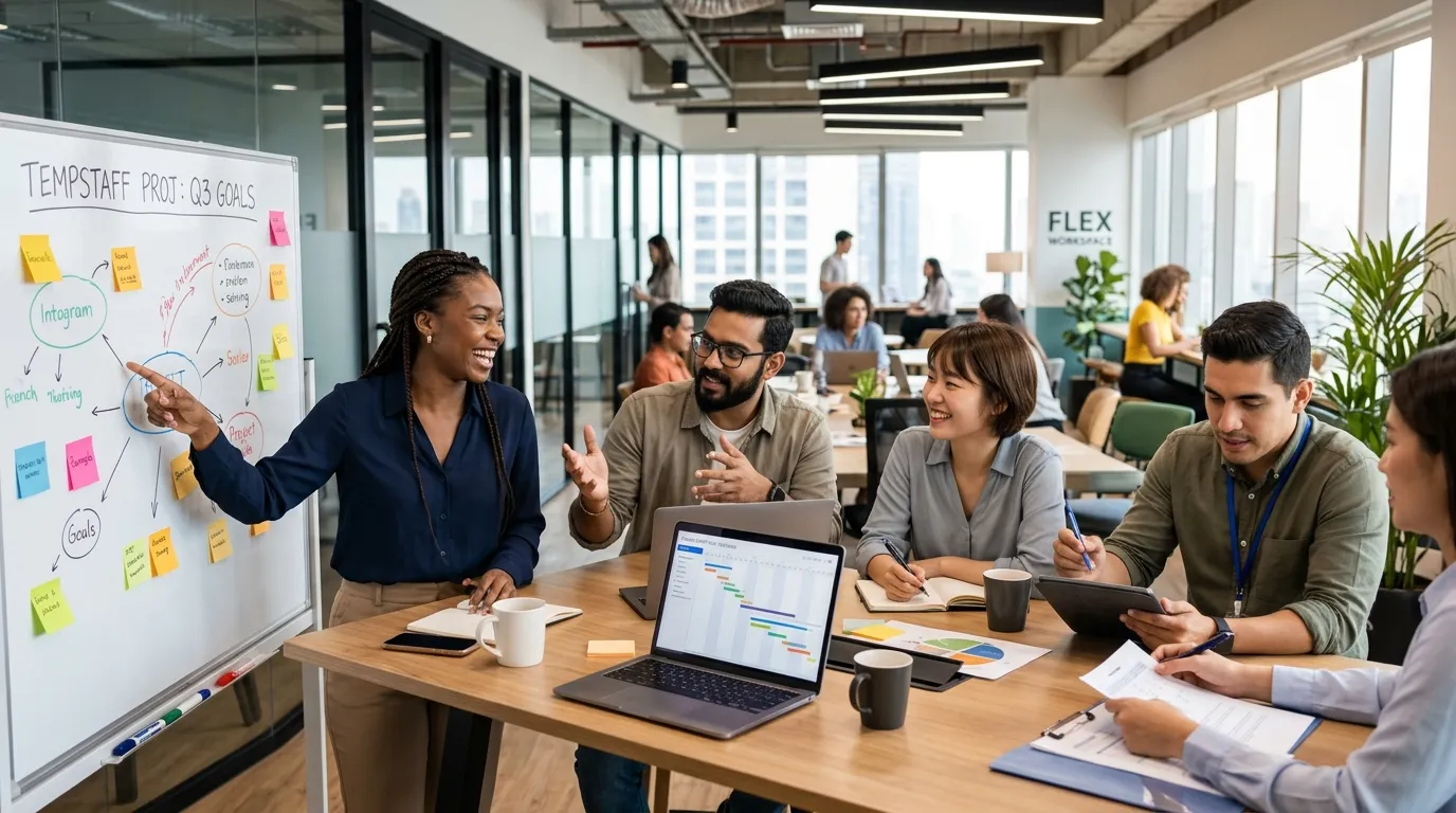 A dynamic, professional hero image showing a diverse group of temporary workers collaborating in a modern office/workspace. The mood is energetic, productive, and forward-thinking, with a focus on teamwork and flexibility.