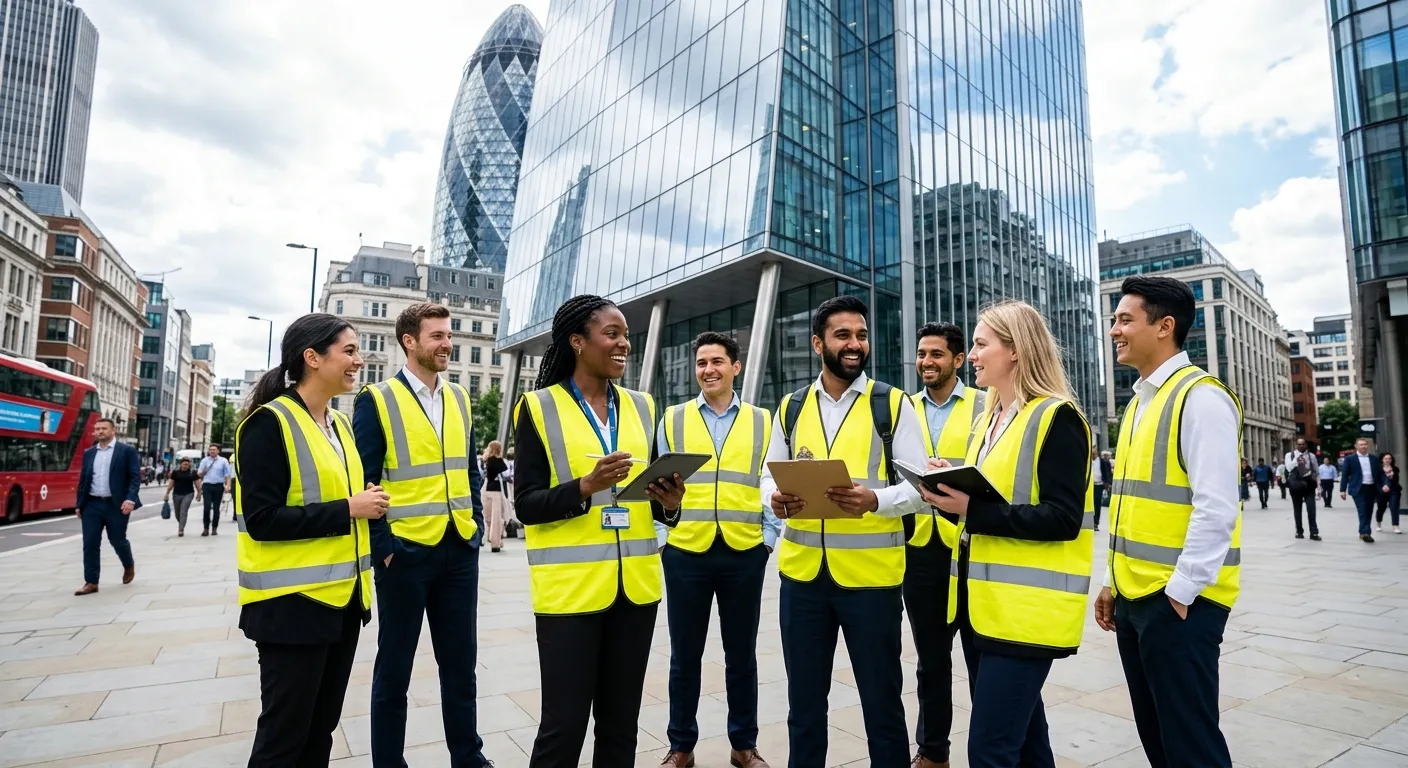 A dynamic, professional photo of a diverse group of temporary workers in high-visibility vests and office attire, gathered outside a modern London skyscraper, looking engaged and ready for work. Style: professional, vibrant, and energetic. Mood: productive and reliable.