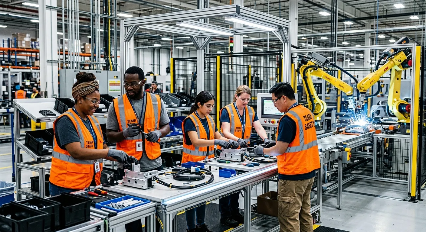 A dynamic, high-contrast hero image of a modern, clean manufacturing floor. A diverse group of tempo... A dynamic, high-contrast hero image of a modern, clean manufacturing floor. A diverse group of temporary workers in high-visibility vests and safety gear are collaborating on an assembly line with robotics in the background. The mood is energetic, efficient, and professional, with sharp focus on the workers.