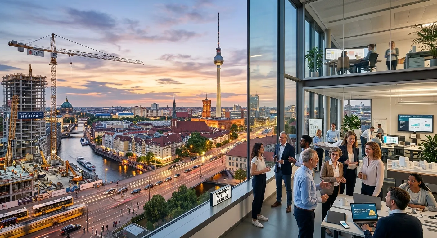 A dynamic, professional photograph of the Berlin cityscape, blending modern architecture like the TV... A dynamic, professional photograph of the Berlin cityscape, blending modern architecture like the TV Tower with a bustling construction site or tech office in the foreground, symbolizing diverse industry recruitment. Style: Vibrant, hopeful, professional. Mood: Energetic and forward-moving.