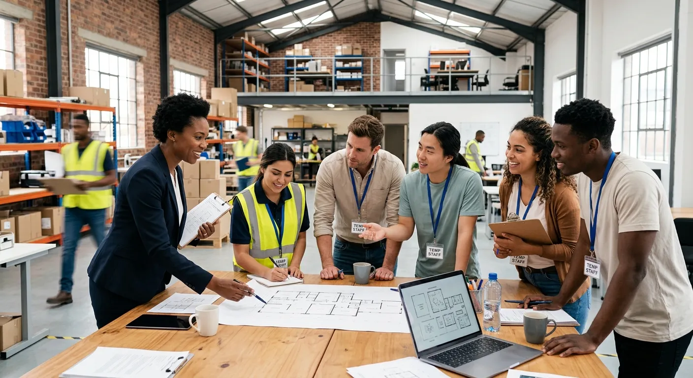 A modern, diverse team of temporary workers in a bright office or light industrial setting, collaborating with a manager. Professional, dynamic, and energetic mood.