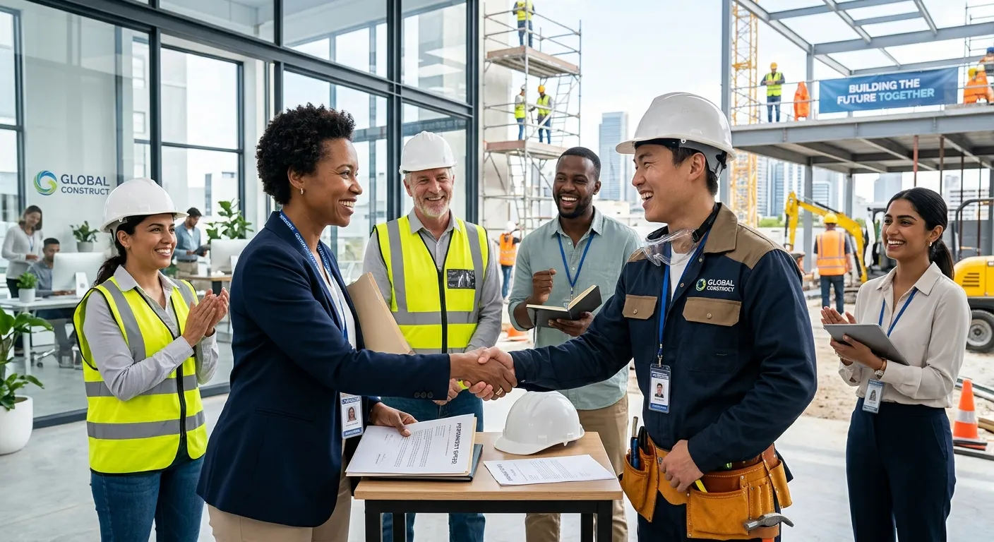 A professional, diverse group of workers in a modern office and construction site setting, looking engaged and collaborative, with a focus on a handshake between a worker and a manager, symbolizing a permanent job offer. Style: Bright, optimistic, professional photography.