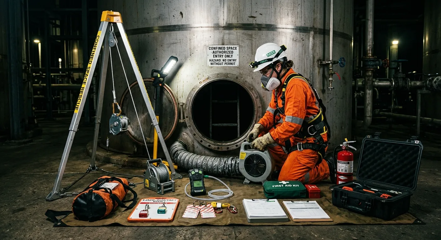 A professional, high-contrast image of a certified cleaner in full PPE (harness, helmet, respirator)... A professional, high-contrast image of a certified cleaner in full PPE (harness, helmet, respirator) preparing to enter a confined space like a tank or silo, with safety equipment laid out methodically. Moody, focused lighting.