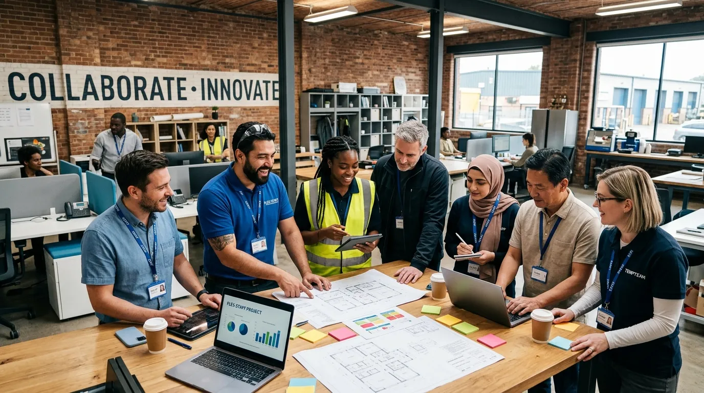 A dynamic, professional hero image showing a diverse group of temporary workers collaborating in a m... A dynamic, professional hero image showing a diverse group of temporary workers collaborating in a modern industrial or office setting. The mood is energetic, productive, and modern, with a focus on teamwork and flexibility.