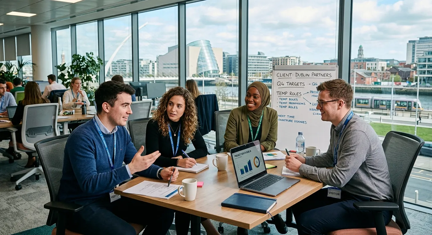 A dynamic, professional photo of diverse temporary workers collaborating in a modern Dublin office s... A dynamic, professional photo of diverse temporary workers collaborating in a modern Dublin office setting, with iconic Dublin landmarks faintly visible through a glass window. Style: Vibrant, authentic, business-focused.