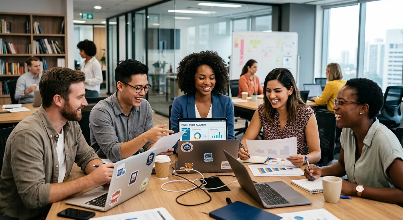 A dynamic, professional photo of a diverse team of temporary workers in an office setting, collabora... A dynamic, professional photo of a diverse team of temporary workers in an office setting, collaborating and smiling. The mood is energetic, productive, and modern, with a slightly blurred background to emphasize the people.