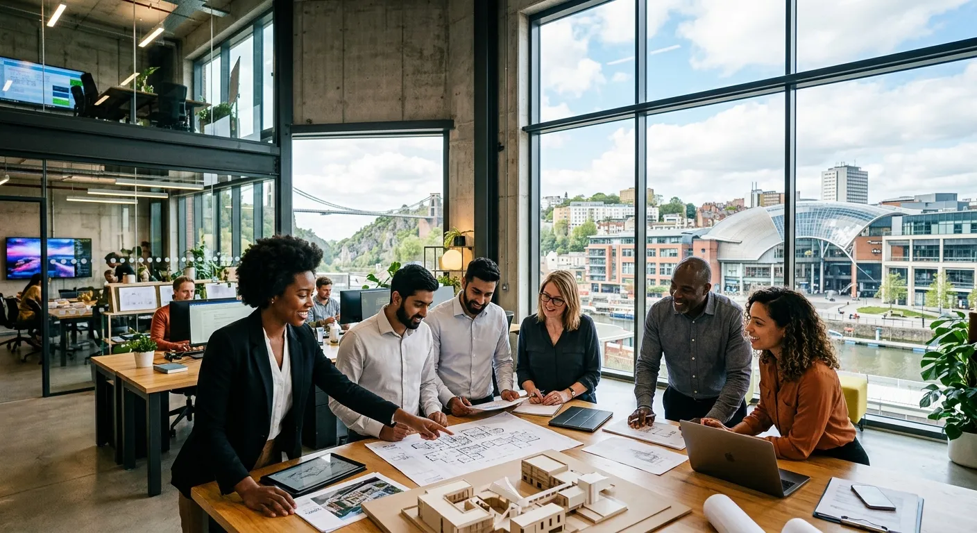 A dynamic, professional photo of Bristol's modern skyline (Cabot Circus, Clifton Suspension Bridge) blending with a diverse group of professionals in a contemporary office or light industrial setting. Style: Modern, optimistic, high-contrast. Mood: Energetic, collaborative, forward-thinking.