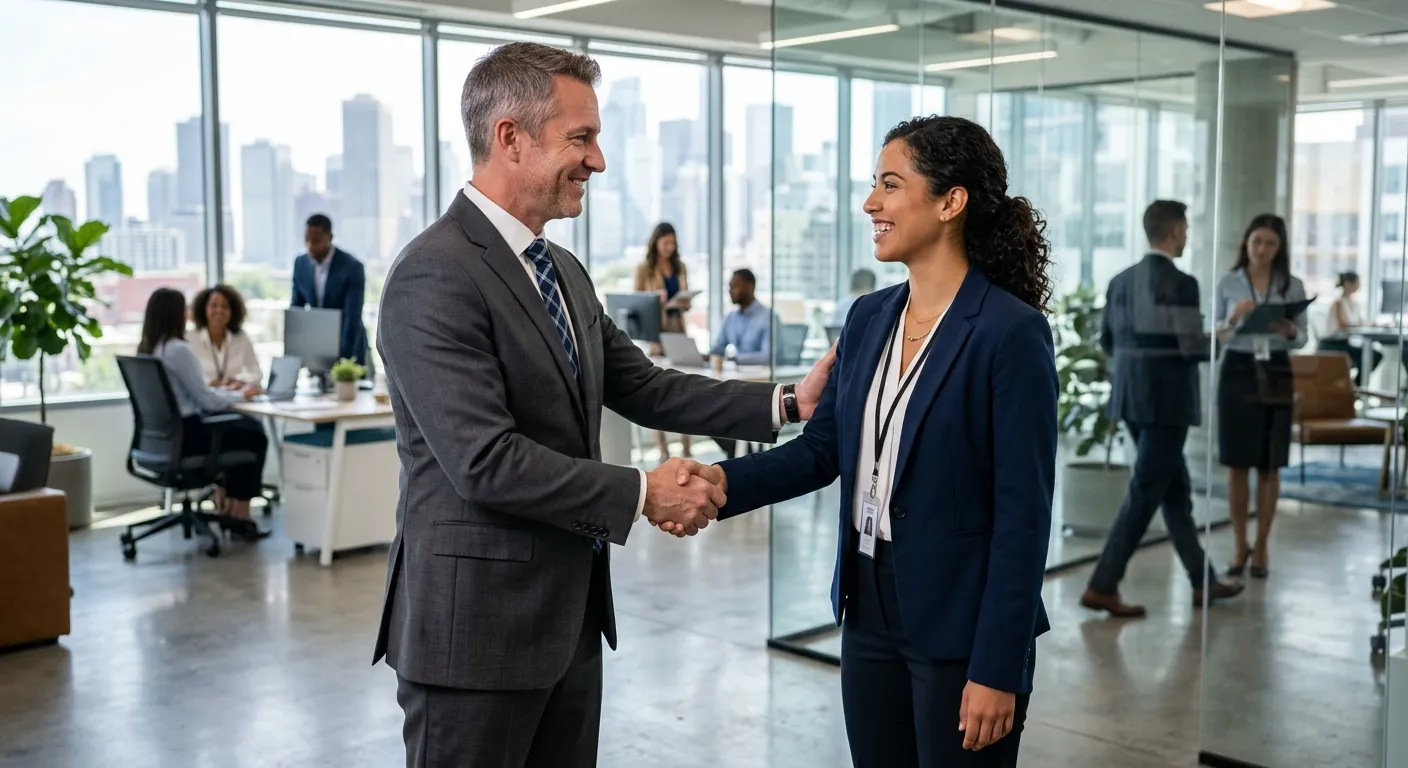 A professional, high-contrast image of a confident business manager shaking hands with a new employee in a modern office setting, symbolizing a successful direct hire. Style: Corporate, sharp, optimistic mood.