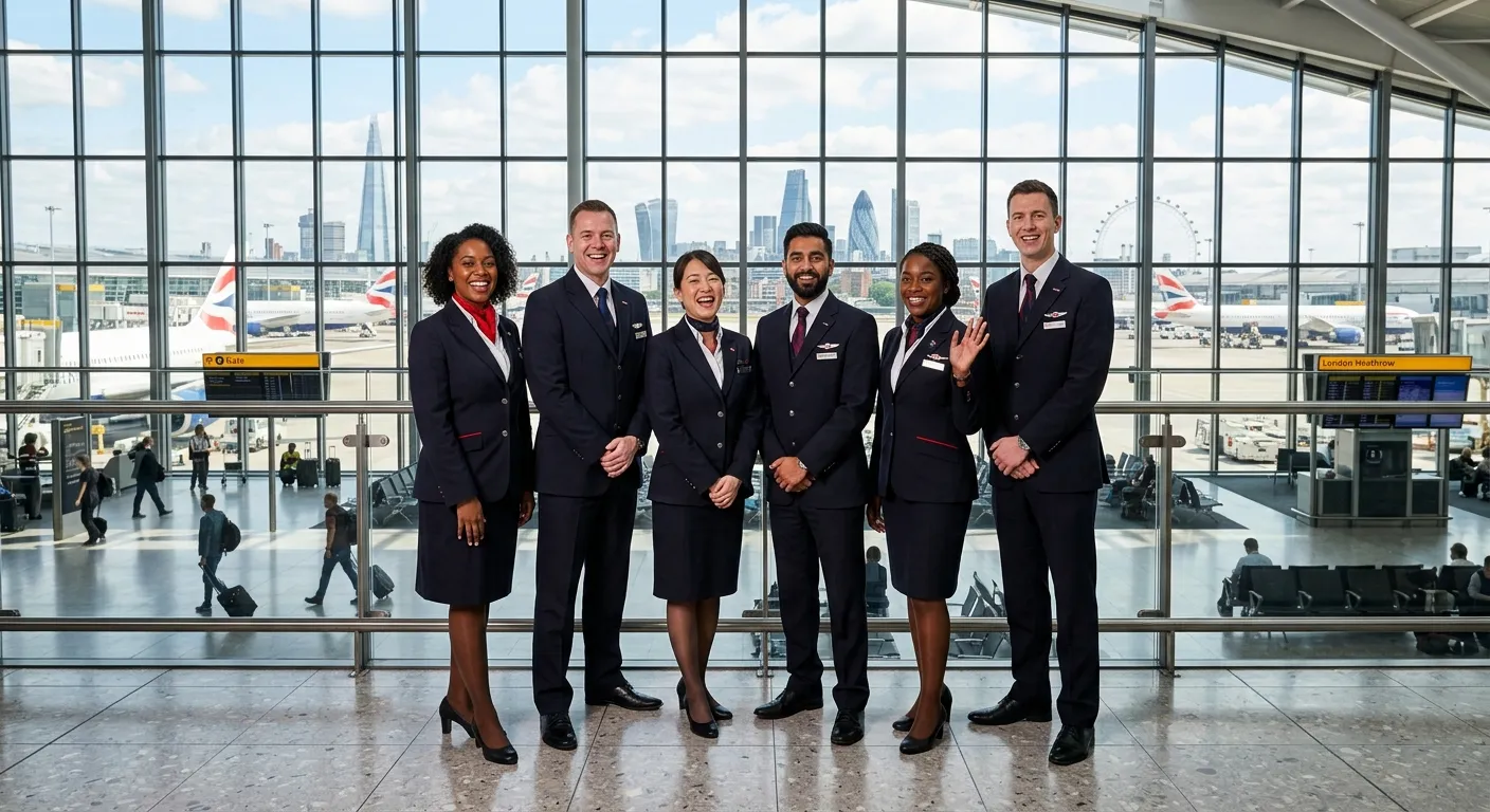 Professional, high-energy photograph of a diverse cabin crew team smiling confidently in a modern ai... Professional, high-energy photograph of a diverse cabin crew team smiling confidently in a modern airline uniform, standing in a well-lit airport terminal with London skyline visible through windows. Style: Bright, aspirational, professional.