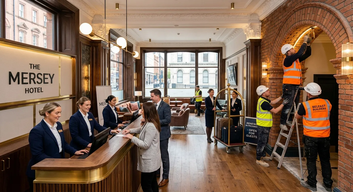 A professional, dynamic shot of a refurbished Belfast hotel lobby, with construction workers in high-vis and hotel staff in uniform working harmoniously in the background