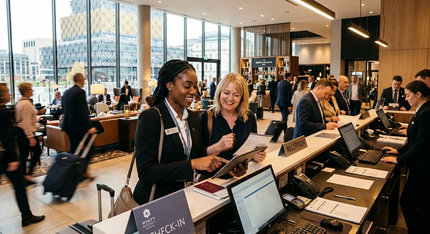 A professional, friendly-looking person in a smart black uniform working in a bustling, modern hotel... A professional, friendly-looking person in a smart black uniform working in a bustling, modern hotel lobby in Birmingham, assisting a guest. The image conveys warmth, efficiency, and a fast-paced environment.