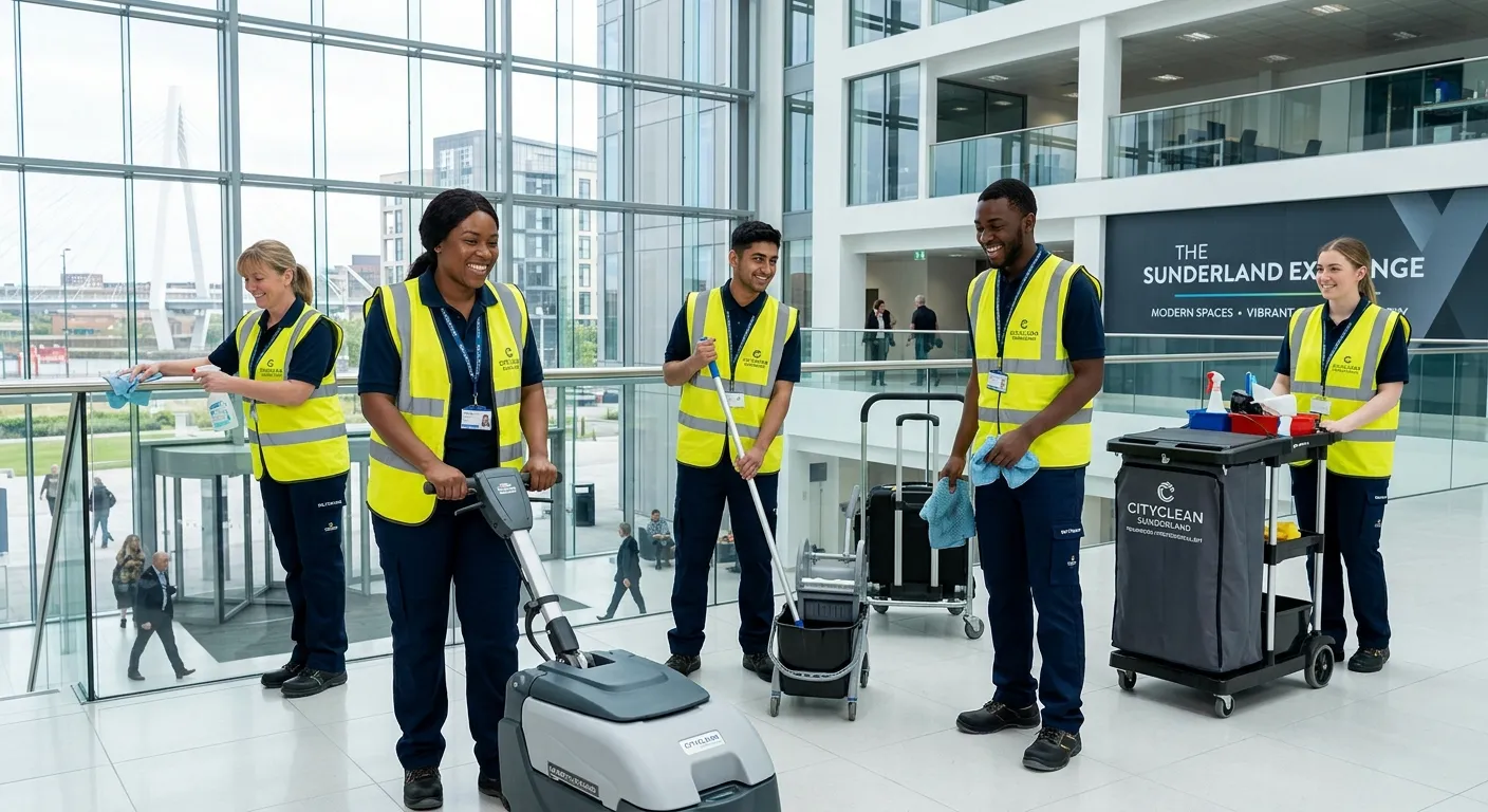 A professional, diverse team of cleaning operatives in high-visibility vests and uniforms, smiling a... A professional, diverse team of cleaning operatives in high-visibility vests and uniforms, smiling and working together in a bright, modern commercial building in Sunderland. The image conveys professionalism, teamwork, and a positive work environment.